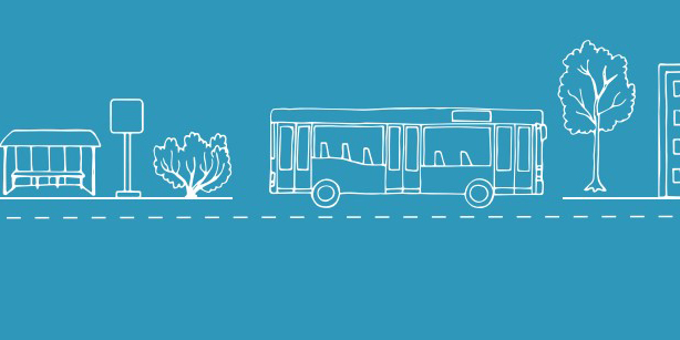 Illustration av buss i stadsmiljö