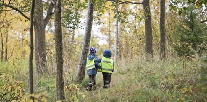 Två barn som går i höstskogen