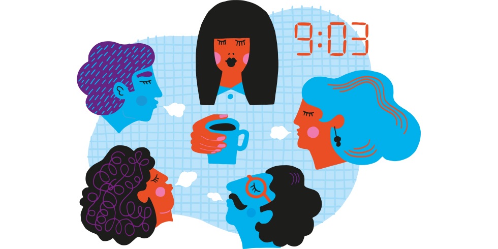 Illustration fem personer i möte