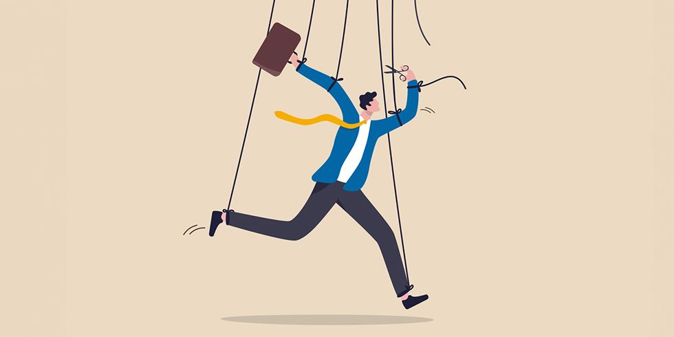 Illustration av marionett som använder sax för att skära kontrollerade strängar.