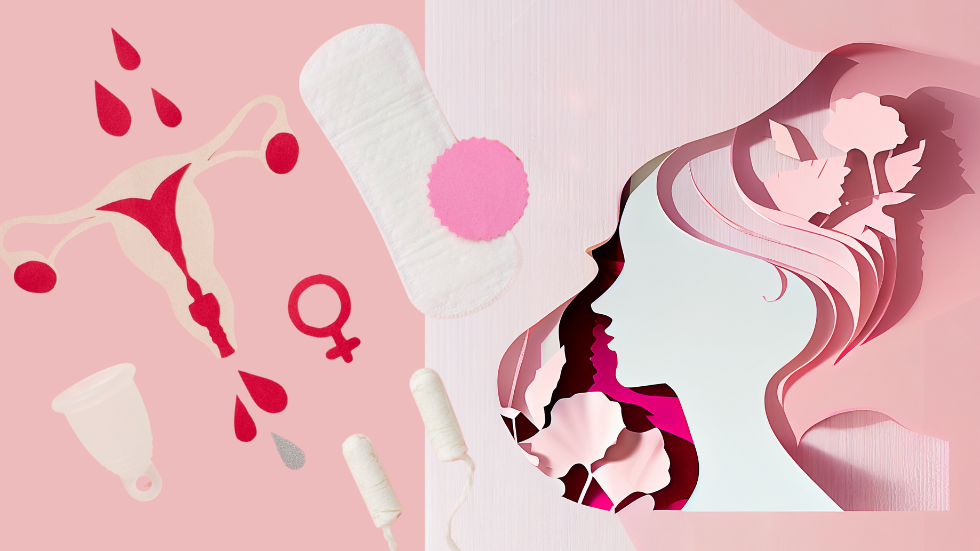 Illustration på rosa bakgrund. Siluett kvinna och menssymboler.
