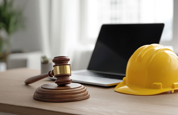 En klubba, en laptop och en bygghjälm på ett skrivbord