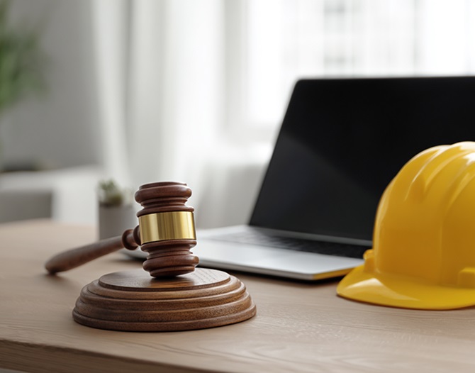 En klubba, en laptop och en bygghjälm på ett skrivbord