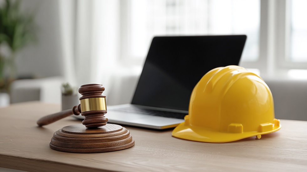 En klubba, en laptop och en bygghjälm på ett skrivbord