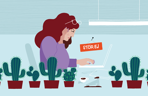 Illustration av kvinna vid dator med stör ej-skylt och kaktusar i förgrunden.