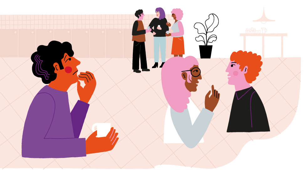 Illustration med grupper av människor som pratar med varandra. En person är ensam och verkar ha svårt att ta kontakt med de andra.