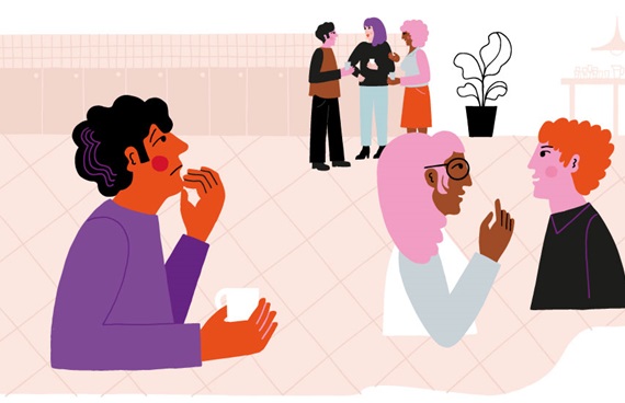 Illustration med grupper av människor som pratar med varandra. En person är ensam och verkar ha svårt att ta kontakt med de andra.