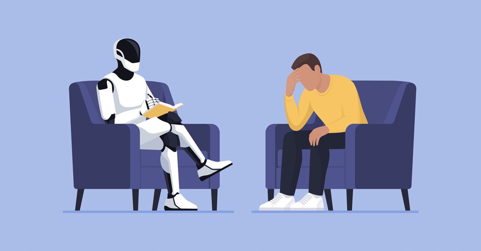 En illustration av en robot och en människa som sitter i varsin fåtölj och för ett samtal. 
