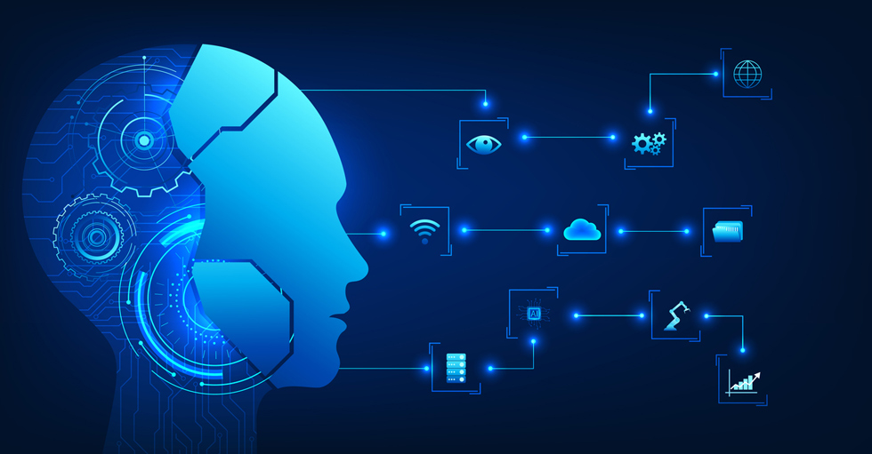 En AI-robothjärna i profil som tittar ut i cyberspace på olika symboler för förmågor.