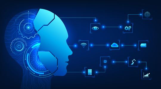 En AI-robothjärna i profil som tittar ut i cyberspace på olika symboler för förmågor.