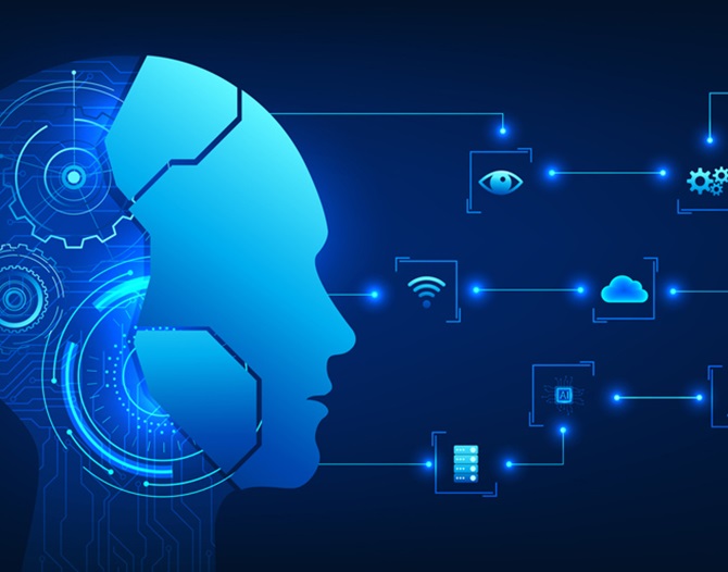 En AI-robothjärna i profil som tittar ut i cyberspace på olika symboler för förmågor.